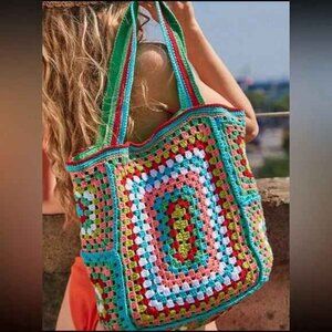 Multi Bright Printed Floral Straw Crochet Cable Knit Tote Bag Purse OS New